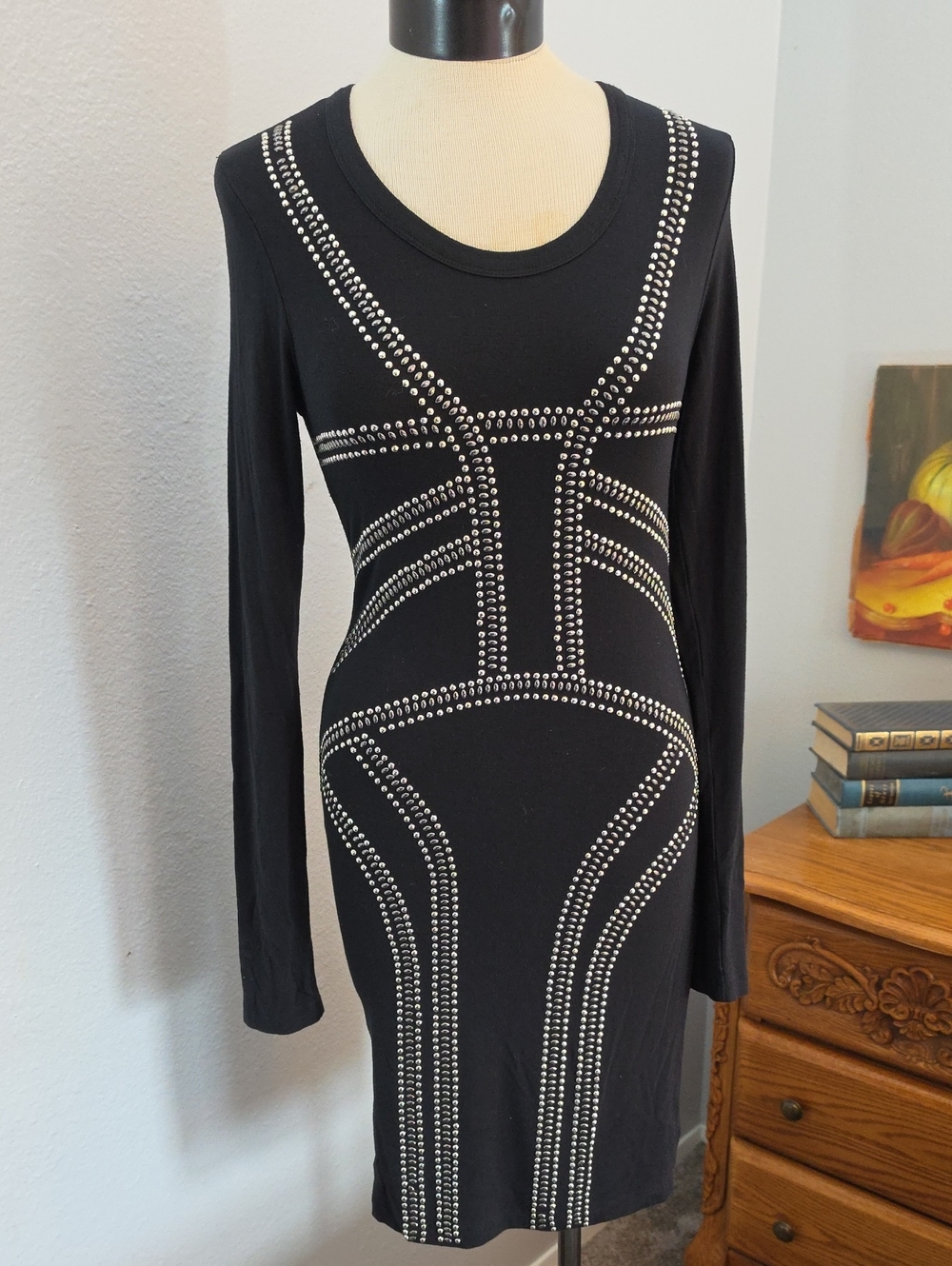 Torn by Ronny Kobo Black Long-Sleeve Studded Bodycon Dress Small Indie Sleeze
